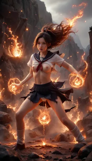 1girl, Japanese model of 21 years old, beautiful little shout face, witch charactor, pink nipples, slim legs, (school uniform), dark blue pleats skirt, (She was attacked by magic from another witch and her clothes is tattered torn:1.2), (her clothes jagged and ripped), (skin peeks through the gaps in the torn clothing:1.5), flying using magical power while riding a big magic circle, looking her breast of E-cups, very long straight hair, high-ponytail, (white panty, slip), loose socks, black shoes, lift up skirt, battlefield of magic fantasy world, magical, fire, magic, spell, fireball, element, ball, orb, air, very strong up wind, powering, earth, plant, sand, lava, magma, molten, rock, eruption, <lora:tornclothesv6-8:2>, <lora:ClearHand-V2:.9>, <lora:Wizards__Mages:1.4>, <lora:Magical duel - SDXL v2.0:.3>, <lora:Lava:.8>