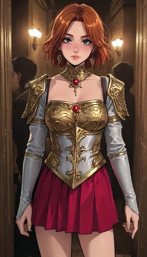 Anime style art, fantasy vibe, RPG, FEMALE knighT, (luscious hair), neat hair, most luxurious knight armor, gold laces, jewels, ((exaggerating exortic designs)), (neon colour scheme), ((enhanced metallic texture)), skirt, cheerful, youthful, (((detail face))), 4ng3l, face, , ((Melkor mancin meet markgavatino style)), reiq style, ratatatat74, SamDoesArts, <lora:LCMTurboMix_Euler_A_fix:1.1>, <lora:ratatatat74-000050:1.8>, <lora:mk_Bp Anime_xl:1.2>, <lora:焦茶_XL:2>, <lora:SDXLSamDoesArts:1.6>