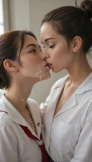 2 twin Asian girls kissing. 1st girl with red hair bun and 2nd girl with brown ponytail, ((cum covered)), wearing school uniform