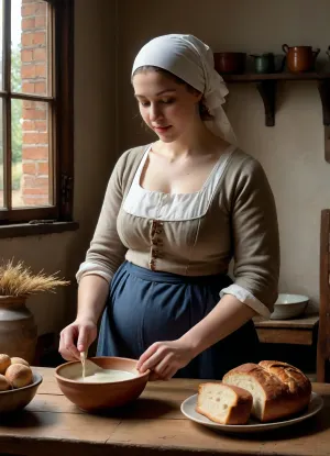 The scene is an identical to the painting “The Milkmaid” by Vermeer. Mature Woman in the same style white Dutch bonnet cap, full body view, (she is slender, topless with small flat tits), narrow hips, hairy pussy, xery small breasts, unbuttoned, exposed naled breasts, pregnant, she stands by a table under a high window, she is pouring milk from a terracotta jug into a bowl on the table, her eyes are on the milk as it tumbles into the jar own bowl, the table is adorned with bread and a small black jug, Vermeer’s original painting hanging on the wall in the background, <lora:sagging-000015:.8>