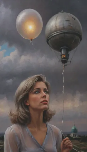 (female meteorologist, releasing a probe, near an observatory, floating hairs), ((silver probe baloon in sky)), ((near observatory dome)), stormy weather, (pastel painting), (((((close-up on her breasr))))), (expression of pleasure), (pastel oil style), <lora:Proskurin_oil_painting_style:1.6>