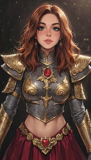 Anime style art, fantasy vibe, RPG, FEMALE knighT, (luscious hair), neat hair, most luxurious knight armor, gold laces, jewels, ((exaggerating exortic designs)), (neon colour scheme), ((enhanced metallic texture)), skirt, cheerful, youthful, (((detail face))), 4ng3l, face, ((Melkor mancin meet markgavatino style)), reiq style, ratatatat74, SamDoesArts, <lora:LCMTurboMix_Euler_A_fix:1.1>, <lora:ratatatat74-000050:1.8>, <lora:mk_Bp Anime_xl:1.2>, <lora:焦茶_XL:2>, <lora:SDXLSamDoesArts:1.6>