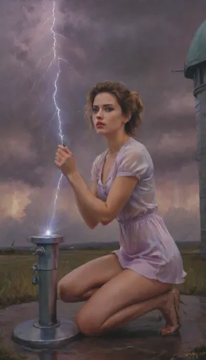 (female meteorologist kneeling, releasing a probe near an observatory, floating hairs, wet unbuttoned dress), meteorological station, observatory, lightning in the sky, stormy weather, (pastel painting), pastel oil style, <lora:Proskurin_oil_painting_style:2>