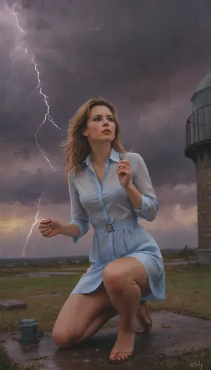 (female meteorologist kneeling, releasing a probe near an observatory, floating hairs, wet unbuttoned dress), meteorological station, observatory, lightning in the sky, stormy weather, (pastel painting), pastel oil style, <lora:Proskurin_oil_painting_style:2>
