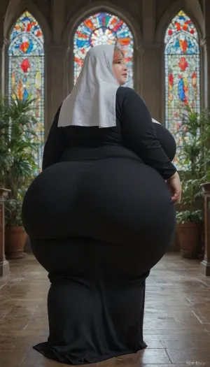 chubby woman, (plump:1.1), chubby, colorful plants, spikey red hair, (african race:1.2), (fat hyper ass in peach colored skirt:1.2), hyper thighs, massive hips, back_fat, vibrant park, (profile), low camera angle, walking