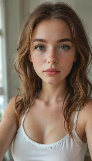 (the style of 1990's Polaroid flash:1), the most gorgeous woman to ever exist and her beauty is beyond that of even the Greek god of beauty. early 2000's Myspace profile pic selfie, kissy face selfie, standing up, good posture, Irish ginger beautiful goddess, thin upper lip, soft beautiful facial features, freckles, cute freckles, extremely busty. score_10_up, score_9_up, score_7_up., ., 4ng3l, face, <lora:add-detail-xl:2>, <lora:MJ52:2>, <lora:WildcardX-XL-Detail-Enhancer:2>, <lora:Adjust_SDXL_v3.0:2>, <lora:SDXL_BetterFaces-LoRA_v1:2>