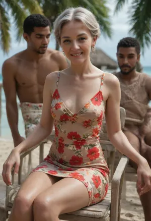 tropical beach, sunshine., (young fit naked ebony African boy:1.2), cock visible., (very old wrinkled slim grandmother:1.2), in, (floral summer dress:1.4), gray hair, wrinkles, perfect teeth, is sitting on chair, admiring cock of young fit Naked ebony African boy, aroused, looking each other