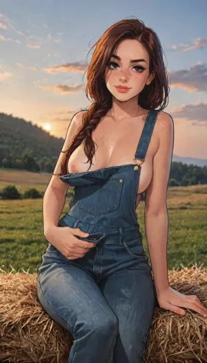incredibly cute farmer sitting on a bale of hay looking at the sunset. Cute freckled face. Long braided ginger red hair. Only Wearing overalls. Small timid smirk. No clothing under overalls. Showing cleavage and sideboob., (Massively gigantic boobs barely covered by overalls:1), . Gigantic and perky breasts bulging against overalls. Nearly nude except overalls. Slutty tans lines. Farmers tan. Tanned skin. Very skinny and very petite with extreme sexualized curves. Sweaty and glistening skin. Not looking at camera. Sexually hot and sweaty outdoor cinematic scene. Outdoors with open sky and setting sun. Colorful sunset sky., (Wet hair:1.2), glistening slightly-oiled skin., ((Melkor mancin meet markgavatino style)), reiq style, ratatatat74, SamDoesArts, <lora:LCMTurboMix_Euler_A_fix:1.1>, <lora:ratatatat74-000050:1.8>, <lora:mk_Bp Anime_xl:1.2>, <lora:焦茶_XL:2>, <lora:SDXLSamDoesArts:1.6>