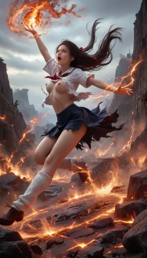 1girl, Japanese model of 21 years old, beautiful shout face, witch charactor, pink nipples, slim legs, (school uniform), dark blue pleats skirt, (She was attacked by magic from another witch and her clothes is tattered torn:1.2), (her clothes jagged and ripped), (skin peeks through the gaps in the torn clothing:1.5), flying using magical power while riding a big magic circle, looking her breast of E-cups, very long straight hair, high-ponytail, white panty, loose socks, black shoes, lift up skirt, battlefield of magic fantasy world, duel, magical, fire, magic, spell, fireball, element, water, ball, orb, air, wind, earth, plant, sand, lava, magma, molten, rock, eruption, <lora:tornclothesv6-8:2>, <lora:ClearHand-V2:.9>, <lora:Wizards__Mages:1.4>, <lora:Magical duel - SDXL v2.0:.3>, <lora:Lava:.8>
