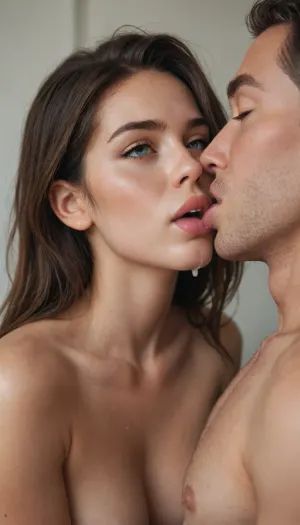 A man licks cum off a woman's body, a man and a girl kiss with cum