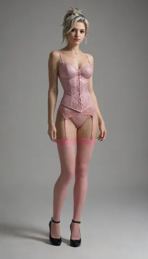 Professional lighting, red spotlight from above, (Ultra realistic), teasing, coy, Mercy, full body, light/dark method, reflective light, masterpiece, Attention to detail, (((simple light gray background:1.4))), (((Studio Light:1.3))), dark makeup, (silver laced corset), (black high heels), (pink stockings with straps), Face straight forward, ((((beautiful face))))