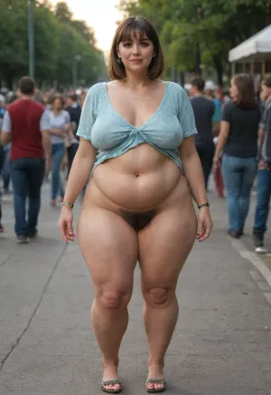 A masterpiece, high resolution, maximum detail, respect for all proportions. Hdr, 4k. Morning, natural light, Very beautiful, thin elderly woman, round beautiful face, bright makeup, straight bangs, (huge saggy, dangling tits, sagging, cellulite, thin thighs in stretch marks, very wide, thin, swollen hips, round sagging Bulging ass, (hairy crotch, hairy pubis, hairy belly:1.1)), heels walks walking around the park, shoes in hand, a crowd of people admiring her, crowd ring, (spread her very hairy legs:1.5), (bright, short evening dress up), fat, obese overweight woman