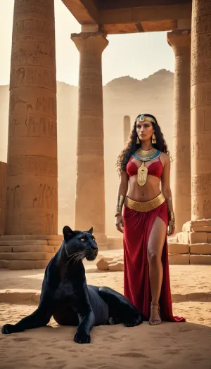 Masterpiece, Huge panther guarding an ancient Egyptian temple with beautiful Egyptian priestess