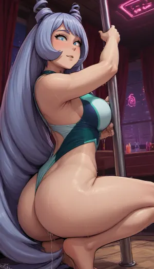 (Boxman art style:1.5), (reiq art style), (anime art style), (anime), (nejire Hado from my hero academia:1.5), (small sexy tight my hero academia onepice:1.3), one. 1girl, solo, alone, sexy and busty body, big breasts, muscular body, defined muscles, figure, perfect breasts, perfect round ass, defined body muscles, leg muscles, defined arm muscles, beautiful horny face, horny, feeling pleasure, (nejire Hado sexy danceing on a pole:1.9), ((inside a room, neon, nighttime, dark night, by a window in the back)), (sweaty body), (dripping off hands:1.5), (big sweat dripping off hole body:1.5), (heat body), (big sweat dripping off costumes:1.1), A masterpiece of the highest quality, the work of a real master, bouncing breasts, bouncing ass, seductive, seductive eyes, steam, sweat, front full body view, <lora:hentai_anime_style_xl_v1:2>, <lora:SDXLHighDetail_v6-000005:2>, <lora:ahegao_sdxl_v4:.5>