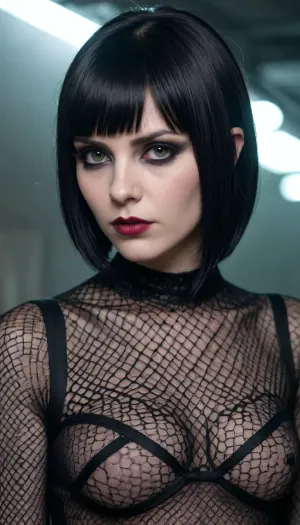 full view, 1 beautiful goth woman age 25, perfect severe straight bob haircut with perfect straight bangs, side eye, sinister but very sexy, just wicked as default, long lens, short fishnet dress, cold, dismissive, sexy