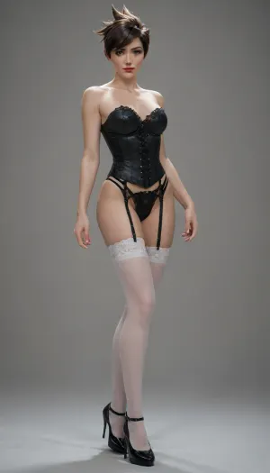 Professional lighting, (Ultra realistic), teasing, Tracer, full body, light/dark method, reflective light, masterpiece, Attention to detail, (((simple light gray background:1.4))), (((Studio Light:1.3))), dark makeup, sexy black laced corset, high heels, white stockings with straps, Face straight forward, ((((beautiful face))))