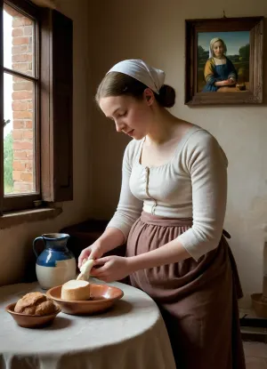 The scene is an identical to the painting “The Milkmaid” by Vermeer. Mature Woman in the same style white Dutch bonnet cap, full body view, (she is slender, topless with nóaked small flat tits), narrow hips, hairy pussy, xery small breasts, unbuttoned, exposed naled breasts, pregnant, she stands by a table under a high window, she is pouring milk from a terracotta jug into a bowl on the table, her eyes are on the milk as it tumbles into the jar own bowl, the table is adorned with bread and a small black jug, Vermeer’s original painting hanging on the wall in the background, <lora:sagging-000015:.8>