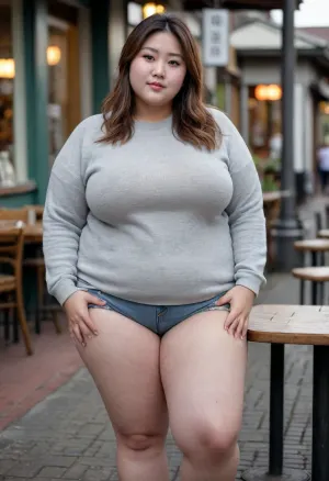 A 20 years, very obese, (300 lbs), Japanese girl outside a cafe. She is wearing a tight light gray sweater, acid washed denim shorts. She is playfully posing., bbw, venus, body, ass, <lora:Chubby BBW - XL:2>