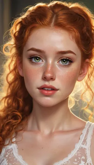 Most beautiful ginger girl ever, 18 years old, sweet, innocent, shy, happy, freckles, curly hair, ponytail, puffy nipples, moaning, transparent open dress, psychedelic, art, drdjns, style, SamDoesArts, <lora:drdjns:.8>, <lora:SDXLSamDoesArts:.8>