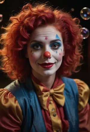 In the heart of the Circus Roncalli, under the soft, warm glow of the spotlight, intimate and close portrait of, a sexy 25-year-old female clown captivates the audience with her soap bubble performance. Her face is a canvas of meticulously detailed clown makeup, with vibrant colors blending seamlessly, highlighting her expressive eyes and playful smile. A round, red foam nose sits snugly atop her own, adding a touch of whimsy. Her curly, bright red wig bounces with every movement, and a comically oversized jacket drapes over her shoulders, giving her a charmingly exaggerated appearance. As she creates a large, shimmering soap bubble, the atmosphere is thick with the magic of the circus, dust and smoke dance in the air, and the blurred silhouettes of the audience provide a dreamy backdrop. Her gaze, however, carries a hint of sadness and melancholy, adding depth to her performance. The entire scene is a harmonious blend of joy and poignancy, capturing the true essence of the circus