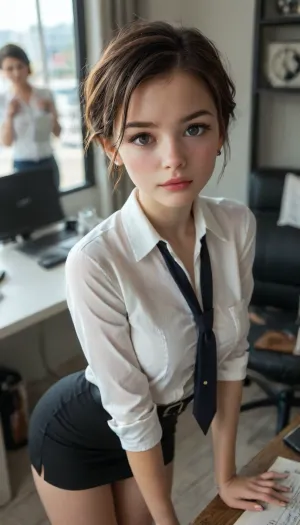 1girl, solo, (Chinese girl), working in office, short pixie hairstyle, youthful face, busy, bling ear stud, tight white buttoned shirt, skinny necktie, black pencil skirt, neat professional office wear, fashionable women belt, expensive watch, side, voyeurism, low angle view, 4ng3l, face, <lora:SDXL_BetterFaces-LoRA_v1:1.2>, <lora:style_lora_realis:1.8>