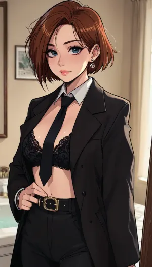 1girl, solo, Chinese girl, short pixie hairstyle, youthful suave face, bling ear stud, no shirt, skinny necktie, black pants, black bra, large breasts, neat professional office wear, black coat, fashionable women belt, expensive watch, proud look, 4ng3l, face, ((Melkor mancin meet markgavatino style)), reiq style, ratatatat74, SamDoesArts, <lora:LCMTurboMix_Euler_A_fix:1.1>, <lora:ratatatat74-000050:1.8>, <lora:mk_Bp Anime_xl:1.2>, <lora:焦茶_XL:2>, <lora:SDXLSamDoesArts:1.6>