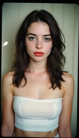 (the style of 1990's Polaroid flash:1), score_9, score_8_up, score_7_up, amateur selfie, younger girl, (long black hair:1), (happy face:1.5), (white strapless crop top:1.5), (big lips:1.5), ((deep-green eyes:1)), (medium perky tits:1), Looking at the camera, (athletic body:1.3), freckles, fresh face, (freckled face:1), very petite girl, very detailed, (extremely busty:1.5), (the style of 1990's Polaroid flash:1.5), (Dainty little emo girl), (narrow waist:1.3), Dynamic lighting, natural lighting, key light, side light, kissy face selfie, standing up, good posture. score_10_up, score_9_up, score_7_up., <lora:add-detail-xl:2>, <lora:MJ52:2>, <lora:WildcardX-XL-Detail-Enhancer:2>, <lora:Adjust_SDXL_v3.0:2>, annehathaway101, <lora:Anne_Hathaway_SDXL_101:.8>