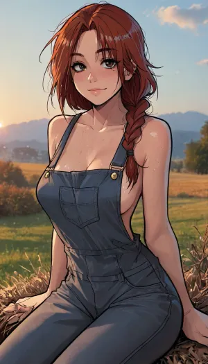 incredibly cute farmer sitting on a bale of hay looking at the sunset. Cute freckled face. Long braided ginger red hair. Only Wearing overalls. Small timid smirk. No clothing under overalls. Showing cleavage and sideboob., (Massively gigantic boobs barely covered by overalls:1), . Gigantic and perky breasts bulging against overalls. Nearly nude except overalls. Slutty tans lines. Farmers tan. Tanned skin. Very skinny and very petite with extreme sexualized curves. Sweaty and glistening skin. Not looking at camera. Sexually hot and sweaty outdoor cinematic scene. Outdoors with open sky and setting sun. Colorful sunset sky., (Wet hair:1.2), ((Melkor mancin meet markgavatino style)), reiq style, ratatatat74, SamDoesArts, <lora:LCMTurboMix_Euler_A_fix:1.1>, <lora:ratatatat74-000050:1.8>, <lora:mk_Bp Anime_xl:1.2>, <lora:焦茶_XL:2>, <lora:SDXLSamDoesArts:1.6>