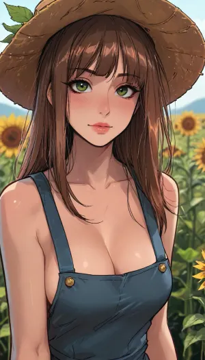 ((Busty girl)), ((long soft hair, fuller hair, long bob hairstyle, fringe, hair on the side, bangs, hair on chest)), pinafore dress, small round straw hat with red strap, care free vibe, dancing in the middle of a sunflower field, realistic, large soft breasts, naughty smiles, blushing, ((Melkor mancin meet markgavatino style)), reiq style, ratatatat74, SamDoesArts, <lora:LCMTurboMix_Euler_A_fix:1.1>, <lora:ratatatat74-000050:1.8>, <lora:mk_Bp Anime_xl:1.2>, <lora:焦茶_XL:2>, <lora:SDXLSamDoesArts:1.6>