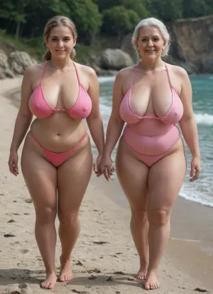 (masterpiece, best quality), (A white hetero couple is walking on an exotic beach:1.4), (she is wearing a closed pink swimsuit:1.9), underneath are her large, pendulous breasts with nipples, a great cameltoe is clearly visible in her crotch, he is wearing blue swim trunks, they are walking by side, he hold her hand, man is a bald chubby old man of 55 years, (Copy face from template on german wife:1.9), submissive wife, enslaved woman, (pale woman:1.5), closed mouth, (pounding:1.2), mature, granny, wrinkled full body, wrinkled neck, (wrinkled face:.3), old woman, long grey blonde hair, (chubby:1.4), BBW, Plus size, perfect curvy figure, plump figure, Thick body, curves, big hips, (huge hips:1.3), (Flat stomach), (thin waist:.1), ((oversized thick thighs)), (curvy body:1.7), (big breasts:1.3), (sagging breast:1.4), (wide hips:1.3), smiling faces