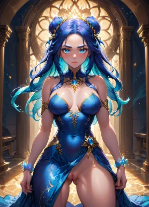 A breathtaking anime-style illustration of a 40-year-old Bene Gesserit, executed in Yoshitaka Amano's signature ethereal linework combined with the dynamic shading of Bones Studio. She stands in the majestic hall of the Bene Gesserit fortress on Wallach IX, her silhouette elongated and graceful, yet exuding an unwavering aura of power. Her face is striking—sharp, angular features, almond-shaped, luminous blue eyes that seem to pierce the viewer's soul, her pupils slightly slitted, hinting at her enhanced genetic makeup. Her lips are painted a deep, almost black, purple, and her skin has a slight, otherworldly pallor, as if it has been exposed to spices for too long. The young warrior kneels before the woman, performing cunnilingus on her. His tongue touches the woman's labia and clitoris.

Her hair is styled into a high, intricate bun, secured with ornate pins. She wears a traditional black Bene Gesserit robe, wide open, with flowing, asymmetrical sleeves, the fabric subtly billowing and adorned with luminous patterns along the seams. On her wrists are delicate Bene Gesserit bracelets.

The backdrop, tall arches of black marble veined with blue bioluminescence and stained glass. The floor is reflective obsidian. A sandstorm rages outside the windows.
Fine, ink-like contours with cel-shaded lighting create a sense of depth and texture. The color palette is cool and mysterious—predominantly black, deep blue, and violet, with accents of electric turquoise and spicy orange. The lighting is dramatic and directional, a single, moonlit source casts long shadows behind her.
Her expression is calculating and serene, but her fingers are slightly curled, as if ready to strike. The composition is dynamic yet balanced, the guiding lines of the architecture drawing the eye to her face, where true power resides. The image is meant to resemble a still from a legendary anime opening sequence, where every detail tells a story of power, secrecy, and the rigors of millennia of training.