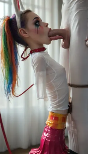 (((young))), (18 yo:1.3), (eyes wide open, big lips), (shy face:1.2), (mouth opened), (big black long eyelashes), (hands behind her head), (erected nipples:1), (blushing:1.1), ((white g-strings:1.4)), (skinny body:1.7), (rainbow latex micro skirt:1.5), (narrow waist:1.3), ((black tight stockings with garters:1.3)), (stockings with latex stripe), (garters:1.3), (rainbow straight pigtails), (portrait view:1.5), slutty clothes, slim hourglass body, (side view), ((small hanging perky tits:1.2)), (athletic body:1.7), horny face, attractive body, (rainbow makeup:1.5), (blue eyes), (into the classroom), (big perky boobs:1.5), (view from side:1.4), ((white transparent shirt:1.8)), (sideboobs), skinny, perfect skin, beautiful face, ultra high details, hdr, natural tits, (standing:1.3), toned body, vivid colors, Stable-Yogis-Makeup-Enhancer-XL, detailxl, detailed eyes, movie, still, film, cinematic, shot, lighting, macro, 35mm, ((chiaroscuro lighting:1.4)), breasts, silhouette, wide opened mouth, long tongue out, choker, (ring pierced nipples:1.6), (blue eyes:1.8), (mouth gag:1.6), (rainbow hair:1.4), (rainbow stockings), (grabbing breast:1.6), ((kissing:1.4)), ((anal:1.6)), ((huge dildo:2.2)), (kneeling:1.4), (sitting on huge dildos:2.2), (panties down:1.4), (deepthroat blowjob:2.2), (whole cock in mouth:1.6), (flat chest:1.4), (enlarged gaping rectum:1.3), gangbang, (sex:1.5), (double anal penetration:1.5), (long tongue out:1.4), (ring pierced nipples:1.6), (tied arms behind back:1.8), rainbow stockings, slave collar, ruined makeup, tears, (leash:2), (deepthroat blowjob:1.6), elf ears, (best blue eyes:1.5), big cat ears, bunny ears, (rainbow hair:1.4), (micro waist:1.8), (skinny:1.7), <lora:DetailedEyes_V3:1.5>, <lora:AdvancedEnhancerXLv2:1.4>, <lora:style_lora_realis:.7>, <lora:breasts silhouette XL:1.8>