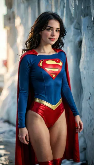 ASSIGNMENT, Take an award-winning photo of a slender petite pale 24-year-old Wisconsin woman with black hair dressed in a cinematic Supergirl costume, BREAK.

COSTUME, (cinematic “Supergirl” costume), earrings, BREAK.

FACE, 24 years old, slender petite pale Midwestern woman, long oval-shaped face, amused dark blue eyes, dark eyebrows, strong cheekbones, wide nose, toothy infectious smile, lip gloss, slight overbite, prominent freckles especially on nose and cheekbones, looking at viewer, eye contact, wholesome, pretty, BREAK.

BODY, prominent freckles especially on chest, pale skin with faint one-piece tan lines, perky boobs, highly detailed skin, tight ass, hairy bush, realistic skin with natural pores and blemishes, attractive, ((perfect hands)), handslora, BREAK.

HAIR, messy neckline-length very wavy black hair, ((black hair)), detailed hair, BREAK.

LOCATION, (bokeh), outside in front of a wall of ice, BREAK.

POSE, standing, hero shot, central focus, (show from thighs up:1.7), BREAK.

AESTHETIC, score_9, score_8_up, score_7_up, solo, cinematic, 8K, hyper realistic, sexy, BREAK.

TEMPLATES, but, clothes, 4ng3l, face, braless, Wearing, that, make, sense, with, Braless>, <lora:add-detail-xl:2>, <lora:BUT_SDXL_SHS:1>, <lora:MJ52:2>, <lora:SDXL_BetterFaces-LoRA_v1:2>, <lora:bralessSDXL_v1_00022:1.2>