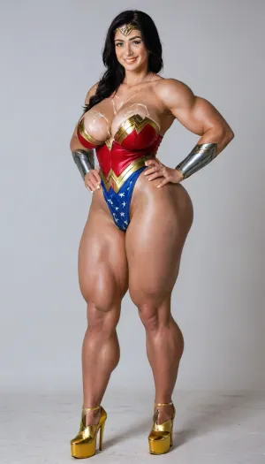 aidmaRealisticPeoplePhotograph, raw, lighting, overexposed, harsh, flash, score_9, score_8_up, score_7_up, score_6_up, lady is pretty korean girl, beautiful face, pale skin, fat cheeks, brown eyes, narrow shoulders, small feet, fake breasts, black long length hair, low ponytail, clenched fists on hips, (massive wide hips:1.3), (excessively bulky and muscular lower body:1.6), (muscular thighs:1.5), horny expression, (wicked smile:1.3), (cosplay, extremely sexy and short Wonder Woman costume), wonder woman tiara, (she has golden high heeled golden platform:1.6), (massive amount cum on breasts), full view, full body in picture, the whole body in picture, photorealistic, hdri, portrait, realistic, super real, hyper realistic, ultra realistic, ((perfect eyes)), ((Ultimate realistic photo details)), (((dynamic sexy pose))), (simple white background:1.6), detailxl, igbebe, <lora:SDXLHighDetail_v6-000005:.8>, <lora:Rawfully Stylish v0.2_epoch_20:.8>, <lora:MJ52:.8>, <lora:attractive_notrigger:.8>, <lora:IG_Babe:.8>