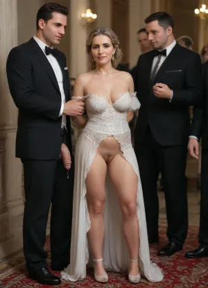 Full body view from afar of person, NSFW dynamic scenes, (cuckold scene:1.5), (rout:1.2), ((all persons have the same height)), 1female, 1male, (elegant man seated near behind watching:1.7), modern style, pervert, (sissy husband:1.5), (submissive hetero couple), smile, party, dominant black male, wide view, (flaccid tits:1.2), (flaccid penis:1.4), sluts, (natural face expression), sagging tits, grabbing, dirty hair, UHD, 8K, (extreme realism:1.5), maximum detail, maximum detailed big cock, instant photo, (looking to cam), smiling to cam, elegant, a little bit celullite, (fat black man:1.4), (75 years old mature woman), british woman, ass, tits, pussy, mature wife, embarrassed, shy, (sexy lingerie:1.4), (vintage lace gloves), dripping cum, woman admiring cock, blowjob, spit dripping mouth, (realistic texture mature face skin), (simetrical faces), (realistic texture mature skin), (perfect faces), (realistic faces), (looking at cock:1.2), (1 hung african dominant old male standing with flaccid cock:1.1), amazing, admiring cock, in a living public hall, detailxl, bukkake, cum, <lora:MS_Real_XL_Bukkake:2>, <lora:detailed_notrigger:2>