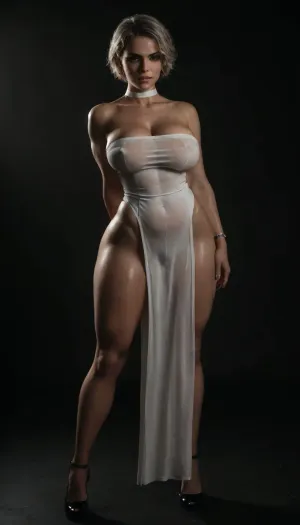 voluptuous body, oiled, white choker, pussy juice, fit body, extremely thick thighs, extremely large ass, looking at viewer, simple dark background, high heels, white bracelets, platinum blonde, (pixie haircut:1.1), hair length, wet hair, extreme wasp waist, extremely oily skin, oiled skin, shiny skin, reflective skin, pale white skin, smokey eye makeup, strapless dres, extremely tight white dress, thinnest dress, skimpy dress, erect nipples underneath clothes, extremely large breasts, extremely wide hips, pouting lips, maoning, standing, not nude, plain background, dramatic lighting, multiple source lighting, neon lights, hair light, rim light, back arched, no sex, solo, long legs
....eyelashes, (sexy busty girl:1.3), 25 years old, thick body, (hyper massive round butt:1.2), (huge massive tits:1.2), wide hips, (straight hair:1.2), (black eye shadows), long eyelashes, slutty face, (seductive face expression:1.3), tanned sweaty skin, sweat droops, great wonderful skin, pure ideal skin, perfect skin, black nails, correct anatomy, HDR, full HD photo, professional image, highest quality, professional dim lighting, (she is biting her lip, seductive smiling), (big black glossy lips:1.1), flat, chest, big, breasts, huge, gigantic, small, hips, thighs, wide, thick, plump, belly, muscular, female, arms, extra, abs, <lora:Venus_Body_Alpha:.8>, sweater_top, <lora:mao1_XL_reg1_:.8>, <lora:dark:.8>