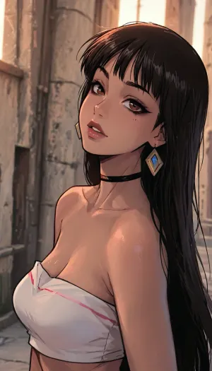 ((Melkor mancin mix markgavatino:1.5)), reiq, solo, chel, (road to eldorado:1.2), gothic, (dark skin:2), goth makeup, black lipstick, (lip piercing), choker, fishnet, giant tits, side view, style anime, inspired illustration, oda, non, g0th1cxl, glowing, neon, fake big tits, SamDoesArts, <lora:LCMTurboMix_Euler_A_fix:1.1>, <lora:ratatatat74-000050:1.8>, <lora:mk_Bp Anime_xl:1.2>, <lora:SDXLSamDoesArts:1.6>, <lora:g0th1cXL:1.7>