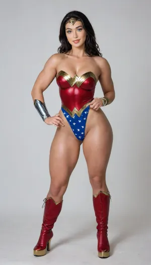 aidmaRealisticPeoplePhotograph, raw, lighting, overexposed, harsh, flash, score_9, score_8_up, score_7_up, score_6_up, lady is pretty korean girl, beautiful face, pale skin, fat cheeks, brown eyes, narrow shoulders, small feet, fake breasts, black long length hair, clenched fists on hips, (super slim upper body:1.4), (excessively bulky and muscular lower body:1.4), (massive muscular thighs:1.6), (thin hips:1.1), (thin calves:1.6), horny expression, (wicked smile:1.3), (cosplay, extremely sexy and short Wonder Woman classic suite, wonder woman tiara, Wonder Woman bracelets), (she has Wonder Woman red boots knee-high, golden platform, golden high heels:1.3), full view, full body in image, the whole body in image, photorealistic, hdri, realistic, super real, hyper realistic, ultra realistic, ((perfect eyes)), ((Ultimate realistic photo details)), (((dynamic sexy pose))), (simple white background:1.6), detailxl, igbebe, <lora:SDXLHighDetail_v6-000005:.8>, <lora:Rawfully Stylish v0.2_epoch_20:.8>, <lora:MJ52:.8>, <lora:attractive_notrigger:.8>, <lora:IG_Babe:.8>