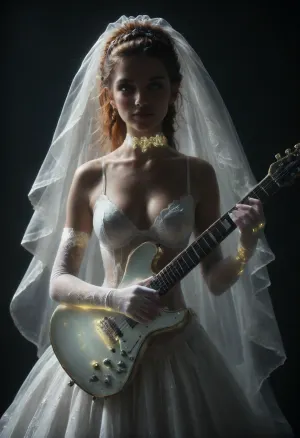 Create a hyper-realistic, highly detailed image of a confident, A 25-year-old orange haired braid playing a guitar with, (perfect guitar playing posture:1.4), (ultra-sexy:1.8), with a slender figure, (on her head she wears a white glowing extraordinary long and semi-transparent wedding veil, which is almost floats around her almost naked body:1.5), (white glowing silicone gloves:1.4), and, (an elegant white glowing choker, G-string and bra:1.3), (plays a bright white glowing white electric guitar:1.7), (highly detailed rendered white glowing white electric guitar:1.7), and she directs a gentle smile towards the viewer, (The bright white glowing fabric of her wedding veil is silky and translucent:1.2), (glowing with vibrant neon light:1.5), the braid plays her guitar in a orange glowing flowered meadow, (fantasy, very misty glowing meadow with low light:1.4), with a commanding presence and a hint of aloofness. Complement the look with a chunky, futuristic white glowing choker and a coarse, white glowing fishnet pantyhose, adding an edgy, slightly provocative touch. Emphasize the luminous glow of the fabric and the realistic texture of the skin, creating a visually stunning and powerful image, (maximum detail), (super realistic photo:1.4), DonMSp3ctr4lXL, Glowing, Flower, neon_style, <lora:DonMSp3ctr4lXL-000008:2>, <lora:dark:2>, <lora:SDXLFaeTastic2400:2>, <lora:Glowing Transparent Flower:2>, <lora:Neon_Style_XL:1.9>