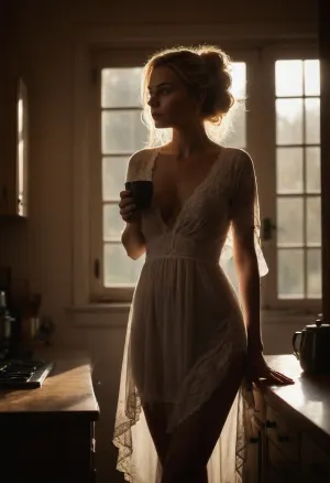 A strikingly beautiful woman is standing in the kitchen in front of a kitchen window, it is early morning and rays of light are shining into the room, (dark room:1.2), (dawn:1.3), (silhouetted against the bright window:1.5), (hard shadows:1.3), (holding a cup of coffee and looking at the camera wistfully:1.8), looking at the camera, front view, she is wearing sexy loungewear, (((you can see the outline of her nude body underneath her sexy loungewear extremely clearly from the silhouetted lighting:1.9))), (translucent lacy night gown:1.9), (erect nipples:1.5), (covered nipples:1.5), perfect body, perky large breasts, bubble butt, (thigh gap:1.9), 30 years old, (long blond hair in a very messy up-do:1.5), calm expression, (the outline of her pussy and nipples under her clothing is very noticeable:1.7), (goosebumps:1.9), no makeup, blue-green eyes, hair in a messy do-up, 3/4 view, good hands, perfect fingers, petite, perky ass, medium breasts, perky breasts, very slim waist, toned stomach, huge wide hips, in the background you can see it is a cozy cabin kitchen, *, ((Masterpiece, best quality)), photography, detailed skin, natural pores, subtle skin imperfections, realistic, photo-realistic, 8k, highly detailed, full length frame, High detail RAW color art, shallow depth of field, sharp focus, hyperrealism, harsh shadows lighting, (photorealistic:1.9), <lora:add-detail-xl:1.7>, <lora:SDXLFaeTastic2400:1>