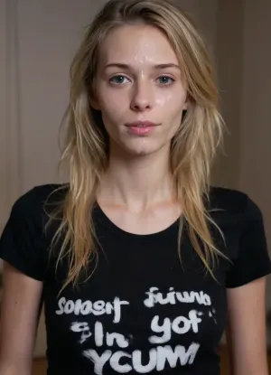 1 extremely skinny and tall shy girlfriend covered in thick white cum, 25yrs, cute, blonde, long messy hair, swedish, ((cum on shirt, black tshirt with cum on, cum on face, facial cum, cum in eyes, cum in hair)), happy, solo, bony, small tits, RAW photo, beautiful, subject, 105mm professional photography, 8k uhd, dslr, soft lighting, high quality, film grain, Fujifilm XT3, sexy pose, home, short t-shirt, salva, <lora:facialized:2>, <lora:JustCum:1.4>