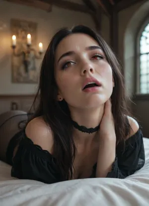 beautiful sexy 1555 years old woman, defined face, black hair, vampire, glowing red eyes, pale skin, straight long hair, thick, rounded boobs, rounded ass, black sheer pantyhose, choker, indoors, dark gothic castle, heavy shadows, night, dark lighting, moonlight, pain, sad, crying, moaning, dominated, bedroom, choking, missionary.
