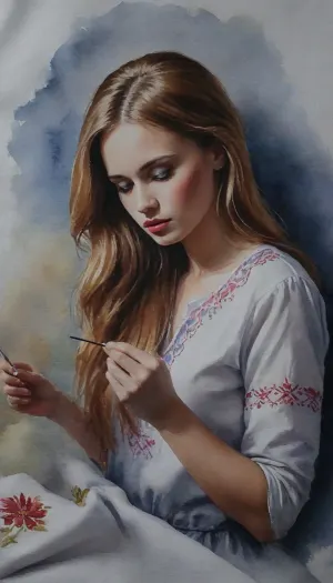 A breathtakenly beautifull slavic woman, (embroiders a, slavic pattern:1.3), (on a white shirt:1.3), (she is holding an embroidery needle in her hand:1.3), a, (shirt with embroidered slavic patterns lies on the table), in front of her, watercolor style picture, the hole scene is painted in watercolor style, the entire picture is a painting done in watercolor, , <lora:dark:.8>, watercolor, <lora:EnvyAnimeWatercolorXL01:.8>