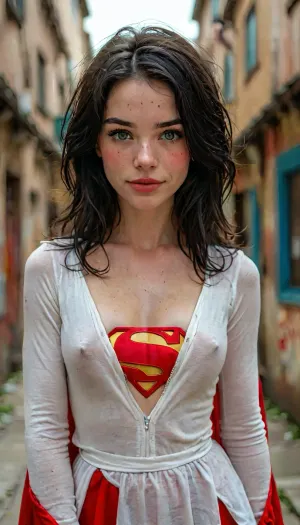ASSIGNMENT, Take an award-winning photo of a slender pale 32-year-old Wisconsin woman with black hair dressed in a cinematic Supergirl costume, BREAK.

COSTUME, (cinematic “Supergirl” costume), earrings, BREAK.

FACE, 32 years old, slender pale Midwestern woman, long oval-shaped face, amused dark blue eyes, dark eyebrows, strong cheekbones, wide nose, toothy infectious smile, lip gloss, slight overbite, prominent freckles especially on nose and cheekbones, looking at viewer, eye contact, wholesome, pretty, BREAK.

BODY, prominent freckles especially on chest, pale skin with faint one-piece tan lines, perky boobs, highly detailed skin, tight ass, hairy bush, realistic skin with natural pores and blemishes, attractive, ((perfect hands)), handslora, BREAK.

HAIR, messy neckline-length very wavy black hair, ((black hair)), detailed hair, BREAK.

LOCATION, (bokeh), outside in front of a wall of ice, BREAK.

POSE, standing, hero shot, central focus, (show from thighs up:1.7), BREAK.

AESTHETIC, score_9, score_8_up, score_7_up, solo, cinematic, 8K, hyper realistic, sexy, BREAK.

TEMPLATES, but, clothes, 4ng3l, face, braless, Wearing, that, make, sense, with, Braless>, <lora:add-detail-xl:2>, <lora:BUT_SDXL_SHS:1>, <lora:MJ52:2>, <lora:SDXL_BetterFaces-LoRA_v1:2>, <lora:bralessSDXL_v1_00022:1.2>