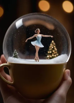 Photo of a snow globe with a small naked figure skater inside, (miniature, woman), In, a, person's, hand, tea, cup, <lora:Miniature_People_-_By_DICE-000006:1>