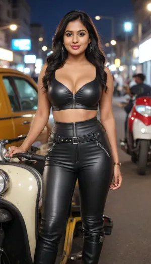 A stylish curvy slim tall very busty 29 year-old modern kerala Indian woman with very long straight black hair, wearing a modern black bdsm leather outfit of a tight cropped top with front zipper open creating very deep visible cleavage on her big boots and high-waisted leather pants, cameltoe showing, posing smiling confidently leaning against an autorickshaw on a busy hyderabad boulevard, (), vibrant city night life with autorickshaws in the background, cinematic lighting, ultra-realistic, leather boots, round thick ass, thick thighs, 4K