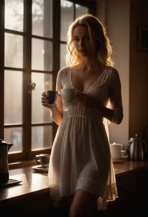 A strikingly beautiful woman is standing in the kitchen in front of a kitchen window, it is early morning and rays of light are shining into the room, (dark room:1.2), (dawn:1.3), (silhouetted against the bright window:1.5), (hard shadows:1.3), (holding a cup of coffee and looking at the camera wistfully:1.8), looking at the camera, front view, she is wearing a night gown, (((you can see the outline of her nude body underneath her nightgown extremely clearly from the silhouetted lighting:1.9))), (translucent lacy night gown:1.9), (erect nipples:1.5), (covered nipples:1.5), perfect body, perky large breasts, bubble butt, (thigh gap:1.9), 30 years old, (long blond hair in a very messy up-do:1.5), calm expression, (the outline of her pussy and nipples under her clothing is very noticeable:1.7), (goosebumps:1.9), no makeup, blue-green eyes, hair in a messy do-up, 3/4 view, good hands, perfect fingers, petite, perky ass, medium breasts, perky breasts, very slim waist, toned stomach, huge wide hips, in the background you can see it is a cozy cabin kitchen, *, ((Masterpiece, best quality)), photography, detailed skin, natural pores, subtle skin imperfections, realistic, photo-realistic, 8k, highly detailed, full length frame, High detail RAW color art, shallow depth of field, sharp focus, hyperrealism, harsh shadows lighting, (photorealistic:1.9), <lora:add-detail-xl:1.7>, <lora:SDXLFaeTastic2400:1>
