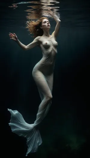 "An ethereal underwater scene in the abyssal depths, stormy waters swirling with suspended plankton that glows faintly, enhancing the haunting yet mystical atmosphere. A pale-skinned woman, (30 years old), floats weightlessly, her body framed by the abyss—her flat chest and wide hips accentuated by the fluid movement of water. She wears a translucent, gauzy dress that clings to her waist and cascades downward, merging with the currents like a spectral mermaid’s tail. Her vulva is clean-shaven and subtly visible through the fabric, rendered with artistic tastefulness—no anatomical exaggeration, only natural elegance. Her face is serene, strikingly beautiful, embodying otherworldly grace. The composition focuses on her legs, elongated and posed boldly, evoking leg fetishism without distortion—just reverence for their form. The lighting is dramatic, casting shafts of ghostly illumination through the water, highlighting her silhouette against the undefined dark background. The scene balances sensuality and haunting beauty, with a full-body portrait that feels like a Renaissance painting submerged in myth. **Style, ** Hyper-detailed fantasy art with Baroque influences—soft, painterly textures blended with cinematic realism. Mood, Mystical, melancholic, and deeply atmospheric, evoking the eerie allure of deep-sea legends."