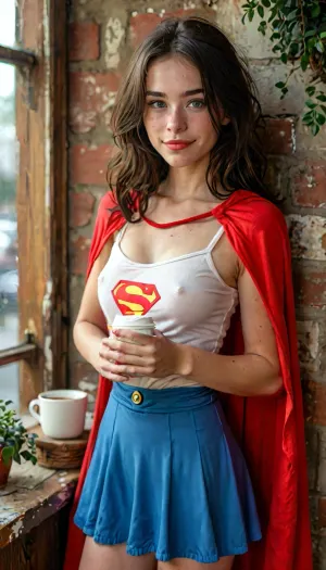 ASSIGNMENT, Take an award-winning photo of a slender petite pale 24-year-old Wisconsin woman dressed in a cinematic Supergirl costume holding a cup of coffee, BREAK.

COSTUME, (cinematic “Supergirl” costume), (cup of coffee in hands:1.6), earrings, BREAK.

FACE, 24 years old, slender petite pale Midwestern woman, long oval-shaped face, amused dark blue eyes, dark eyebrows, strong cheekbones, wide nose, toothy infectious smile, lip gloss, slight overbite, prominent freckles especially on nose and cheekbones, looking at viewer, eye contact, wholesome, pretty, BREAK.

BODY, slender petite pale Midwestern woman, prominent freckles especially on chest, pale skin with faint one-piece tan lines, perky boobs, highly detailed skin, tight ass, wholesome, hairy bush, realistic skin with natural pores and blemishes, attractive, perfect hands, handslora, BREAK.

HAIR, messy neckline-length very wavy black hair, detailed hair, BREAK.

LOCATION, (bokeh), outside in front of a wall of ice, BREAK.

POSE, standing, hero shot, central focus, (show from thighs up:1.7), BREAK.

AESTHETIC, score_9, score_8_up, score_7_up, solo, cinematic, 8K, hyper realistic, sexy, BREAK.

TEMPLATES, but, clothes, 4ng3l, face, braless, Wearing, that, make, sense, with, Braless>, <lora:add-detail-xl:2>, <lora:BUT_SDXL_SHS:1>, <lora:MJ52:2>, <lora:SDXL_BetterFaces-LoRA_v1:2>, <lora:bralessSDXL_v1_00022:1.2>