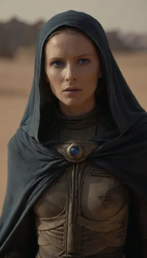 ((Mysterious Bene Gesserit), in desert, fremen's blue eyes), taking off cloak, showing nipples, nosetril, plug, blue, eyes, cloak, in, the, style, of, dune, <lora:Dune1024:1.6>, <lora:dune-sdxl-v1-000098:.6>